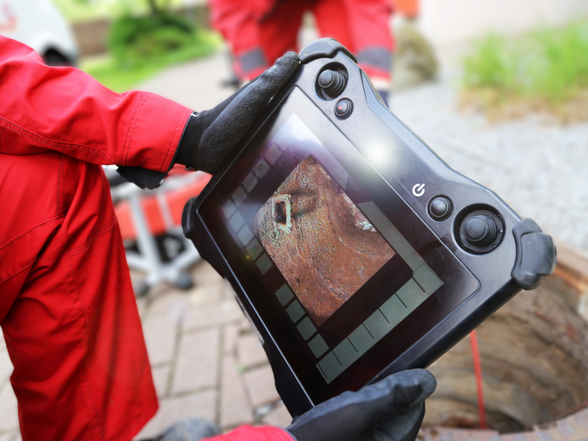 plumber using camera to inspect sewer line damage